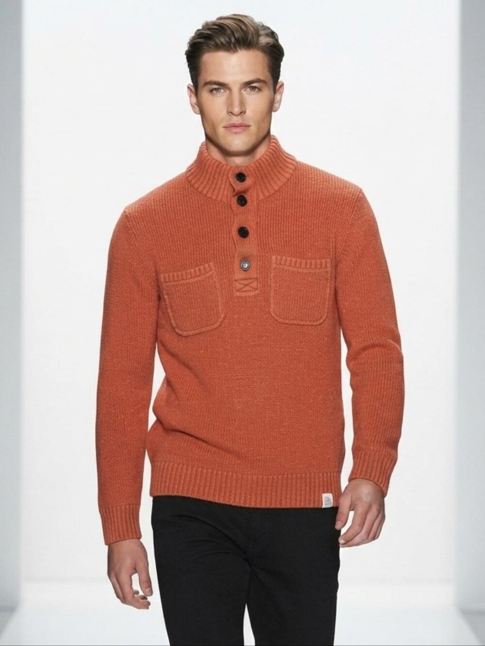 Lucky Brand Men's Rust Orange Ribbed Mock Neck Button Pullover Sweater Small
